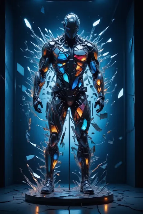 Realistic detailed shot, state-of-the-art completely transparent sports uniform, mounted on a diagonally inclined demonstration stand, made of completely transparent glass, beautifully decorated on a dark blue background, cyber-futuristic sports design, ex...