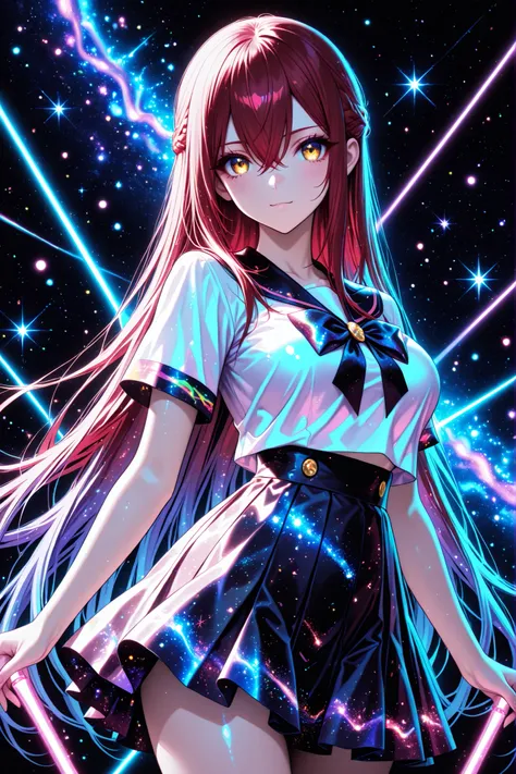 1 girl , golden eyes , very long hair , long sidelocks, red hair ,half updo, petite , very cute , beautiful ,Straight hair, cool, handsome, hair between eyes, sexy, female, mediumlarge breasts, lovely, kawaii, Colorful summer School uniform Clothes, Color...