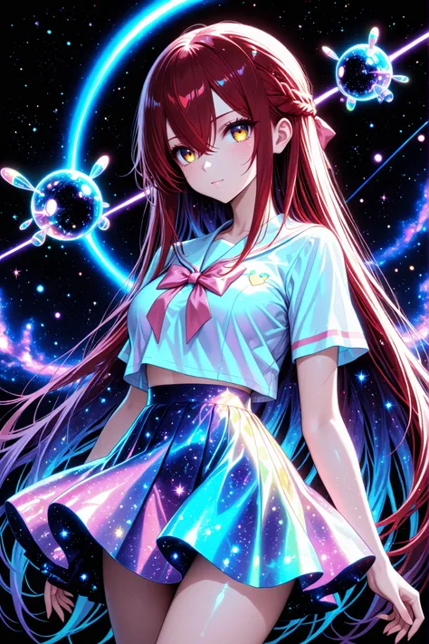 1 girl , golden eyes , very long hair , long sidelocks, red hair ,half updo, petite , very cute , beautiful ,Straight hair, cool, handsome, hair between eyes, sexy, female, mediumlarge breasts, lovely, kawaii, Colorful summer School uniform Clothes, Color...