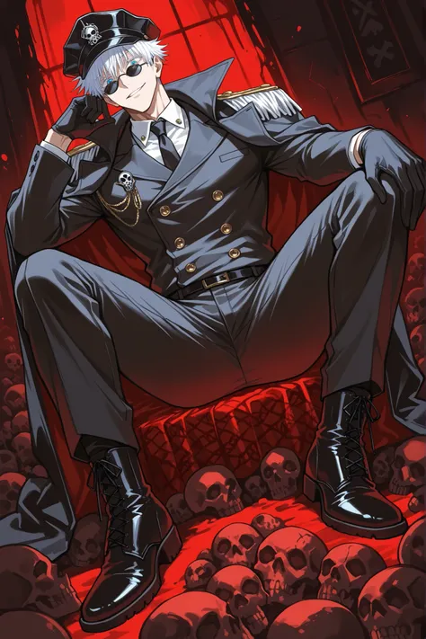1boy, gojou satoru, jujutsu kaisen, blue eyes, colored eyelashes, white hair, short hair, sexy man, handsome face, strict black officer's cap with a dark red piping and welt, cockade on the cap is dark red in the form of a diamond pattern with an elongated...