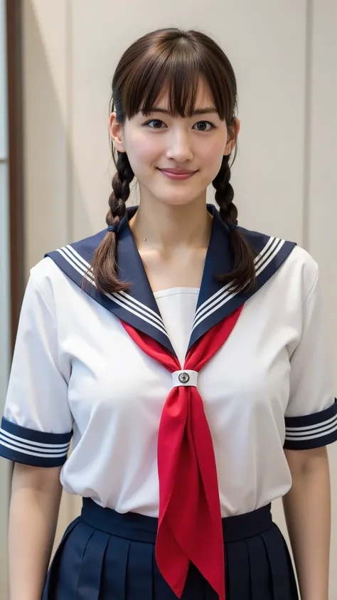 wearing a traditional Japanese uniform 、 The body is covered with a sailor suit with a white collar and dark blue lines 、 wearing a dark blue pleated skirt、 red scarf with black nose、((((( girls on the left:2.86))))),( masterpiece, top quality:1.9),...