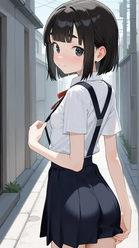 cute girl, schoolgirl, small girl, short girl, tween, ((solo)), ((1girl)), ((alone)), black skirt, a-line skirt, flared skirt, suspenders, collared shirt, short sleeves, red ribbon, (small breasts), narrow waist, butt, skinny, black hair, bob cut, blunt ba...