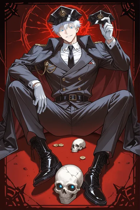 1boy, gojou satoru, jujutsu kaisen, blue eyes, colored eyelashes, white hair, short hair, sexy man, handsome face, strict black officer's cap with a dark red piping and welt, cockade on the cap is dark red in the form of a diamond pattern with an elongated...