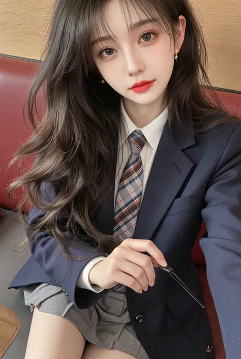 (8K), (highest quality: 1.2), (realistic), (realistic: 1.37), ultra high resolution, 1 girl, cute, smile, closed mouth, beautiful details, beautiful nose, black eyes，beautiful black hair,,giant dulcefo, pork, thighs，self snap,University Student Uniform,Sit...