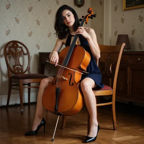 A confident young woman with light skin and shoulder-length wavy black hair is seated indoors on a wooden chair in a cozy, vintage-style room with floral wallpaper and parquet flooring. She is wearing a dark navy sleeveless dress with a halter neckline, an...