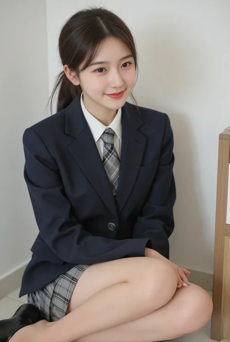 (8k), (best quality: 1.2), (realistic), (realistic: 1.37), ultra high resolution, (1 girl), cute, laugh, closed mouth, beautiful details, beautiful nose, ponytail, huge two cells, pork, thighs,Self Snap,College student ,(Simple navy blue blazer),pleated sk...