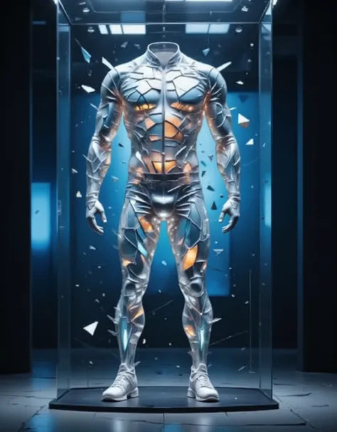 Realistic detailed shot, state-of-the-art completely transparent sports uniform, mounted on a diagonally inclined demonstration stand, made of completely transparent glass, beautifully decorated on a dark blue background, cyber-futuristic sports design, ex...