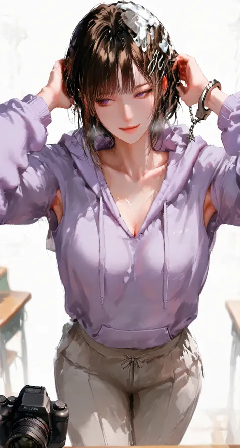 1 girl,hairpin hairstyle,dark haired, Cold, high detail, Realistic photo, high details, high quality, Best Quality, dark purple eyes, dark brown hair, beautiful, tall, emotionless, ,{hairpin hairstyle} , weakly happy , medium, Light pur...