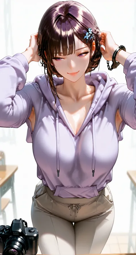 1 girl,hairpin hairstyle,dark haired, Cold, high detail, Realistic photo, high details, high quality, Best Quality, dark purple eyes, dark brown hair, beautiful, tall, emotionless, ,{hairpin hairstyle} , weakly happy , medium, Light pur...