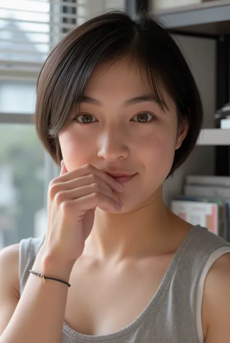smile:2.0、 (super precise human body structure , Highest Quality 、 RAW photos、8k、32K、masterpiece、 realistic、 Photorealistic:1.37)、images of cute Japanese women removing items from shelves、 tank top、 shot in natural light、 upper body、 1 girl on break day...