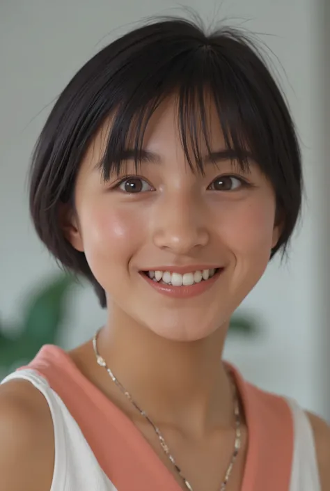 smile:2.0、 (super precise human body structure , Highest Quality 、 RAW photos、8k、32K、masterpiece、 realistic、 Photorealistic:1.37)、images of cute Japanese women removing items from shelves、 tank top、 shot in natural light、 upper body、 1 girl on break day...