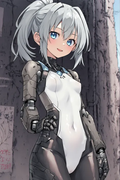 blue eyes、long gray hair、boyish、highly revealing bodysuit that has been eroded、(mechanical joints、smile) 、((Young physique、 lori))、anime style、high image quality、High Quality、Research Facility、sexy、erotic、1girl