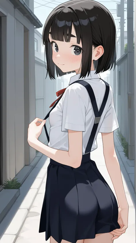 cute girl, schoolgirl, small girl, short girl, tween, ((solo)), ((1girl)), ((alone)), black skirt, a-line skirt, flared skirt, suspenders, collared shirt, short sleeves, red ribbon, (small breasts), narrow waist, butt, skinny, black hair, bob cut, blunt ba...