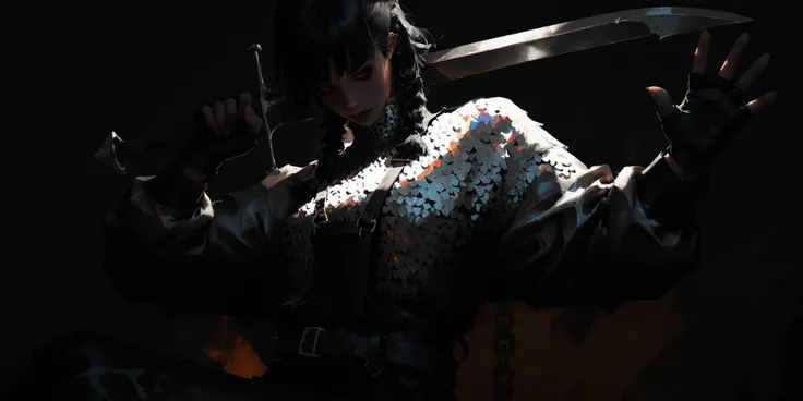 artist: wlop, masterpiece, best quality, illustration, a vampire woman, beautiful woman, European facial features, Caucasian, small breasts, shoulder length black hair, small braids, red irises, detailed face, loose fitting leather pants, female wearing ve...