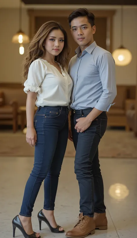 an Indonesian man and an Indonesian woman standing next to each other, an image, inspired by Adam Dario Keel, which is trending in the cg community, a handsome young Indonesian man with a beautiful young Indonesian woman with tangled hair, a man dressed in...
