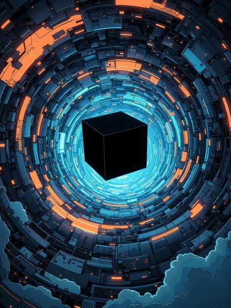 A black cube inside a spiral that looks like a black hole, surrounded by beautiful bright colors,
