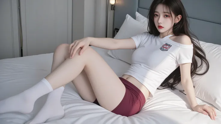 masterpiece, best quality, illustration, Super detailed, fine details, High resolution, 8K,wall paper, perfect dynamic composition,(Details High quality, realistic depiction of eyes:1.3), lying, (bed room), School-specified gym clothes, white gym uniform, ...