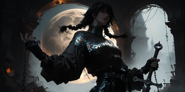 artist: wlop, masterpiece, best quality, illustration, a vampire woman, beautiful woman, European facial features, Caucasian, small breasts, shoulder length black hair, small braids, red irises, detailed face, loose fitting leather pants, female wearing ve...