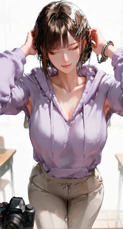 1 girl,hairpin hairstyle,dark haired, Cold, high detail, Realistic photo, high details, high quality, Best Quality, dark purple eyes, dark brown hair, beautiful, tall, emotionless, ,{hairpin hairstyle} , weakly happy , medium, Light pur...
