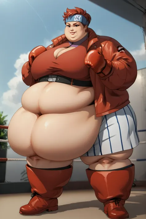 score_9, score_8_up, score_7_up, score_6_up, source_anime, BREAK 1girl, jubilee, solo, bandana, jacket, long sleeves, striped shorts, white skirt, cleavage cutout, boxing gloves, thigh boots, red boots, full body, hands on own chest, smile, looking at you,...
