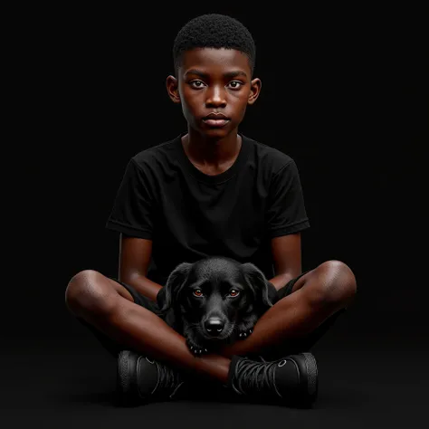 super detail, textured skin, UHD, UHD, 16k. A mulatto boy sits in a black t-shirt and black pants and black sneakers, and between his legs sits a black dog on a black background