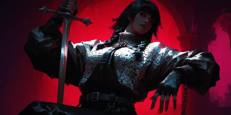 artist: wlop, masterpiece, best quality, illustration, a vampire woman, beautiful woman, European facial features, Caucasian, small breasts, shoulder length black hair, small braids, red irises, detailed face, loose fitting leather pants, female wearing ve...