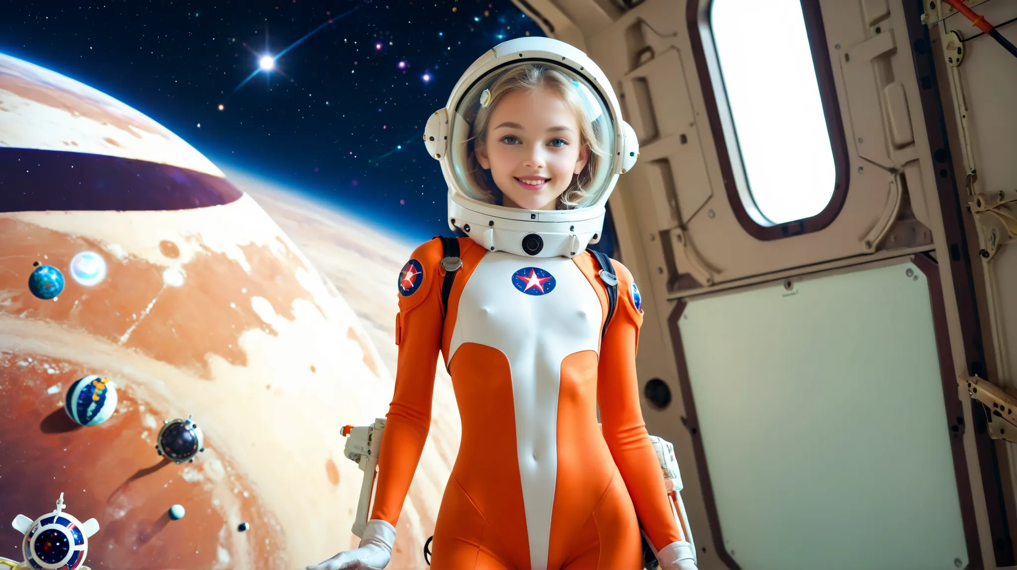 (very skinny girl: 1.0),(is a very young girl: 1.0), Beautiful girl, skinny girl, thin waist, wide hips,  Slender legs,  Very young face , flat chest, hip spacing (camel paw: 1.2), Leotard,in white knee socks , wearing a spacesuit helmet, have very light g...
