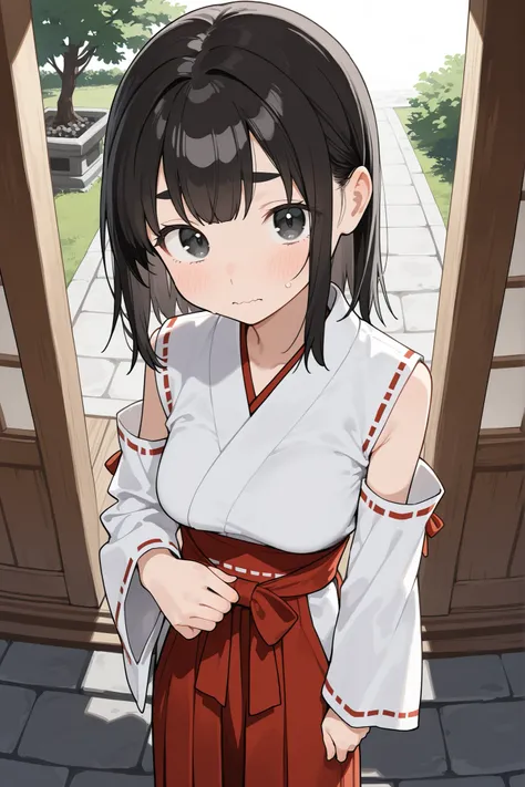 cute girl, schoolgirl, small girl, short girl, tween, (solo), (1girl), (alone), miko, white shirt, white detached sleeves, red trim, long skirt, hakama skirt, red skirt, (medium breasts), skinny, narrow waist, black hair, medium hair, double parted bangs, ...