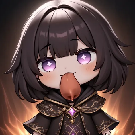 ARW, chibi, tongue, tongue out, upper body, a dark-haired girl in a dark wizard costume, sexy and precise details, perfect portrait, in the dark fantasy, dark magic, dark vibe, 4K, photo quality, photographeda dark-haired girl with piercing eyes and sharp ...