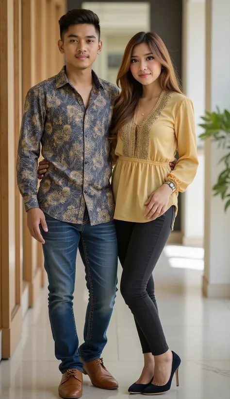 an Indonesian man and an Indonesian woman standing next to each other, an image, inspired by Adam Dario Keel, which is trending in the cg community, a handsome young Indonesian man with a beautiful young Indonesian woman with wavy hair, a man dressed in a ...