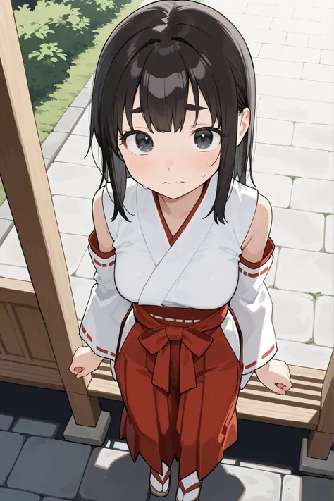 cute girl, schoolgirl, small girl, short girl, tween, (solo), (1girl), (alone), miko, white shirt, white detached sleeves, red trim, long skirt, hakama skirt, red skirt, (medium breasts), skinny, narrow waist, black hair, medium hair, double parted bangs, ...