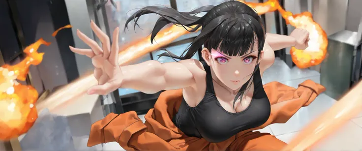 semirealistic, front view, simple dark background, bright orange flames in the background, 1 girl - Maki Oze from Fire Force, adult female, mature adult, long hair,
dark brown hair,
ponytail,
bright glowing purple eyes, glowing eye trail,
black crop tight ...