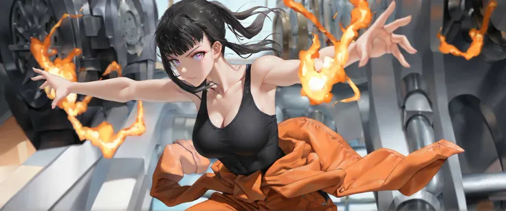 semirealistic, front view, simple dark background, bright orange flames in the background, 1 girl - Maki Oze from Fire Force, adult female, mature adult, long hair,
dark brown hair,
ponytail, glowing eye trail,
bright glowing purple eyes,
black crop tight...