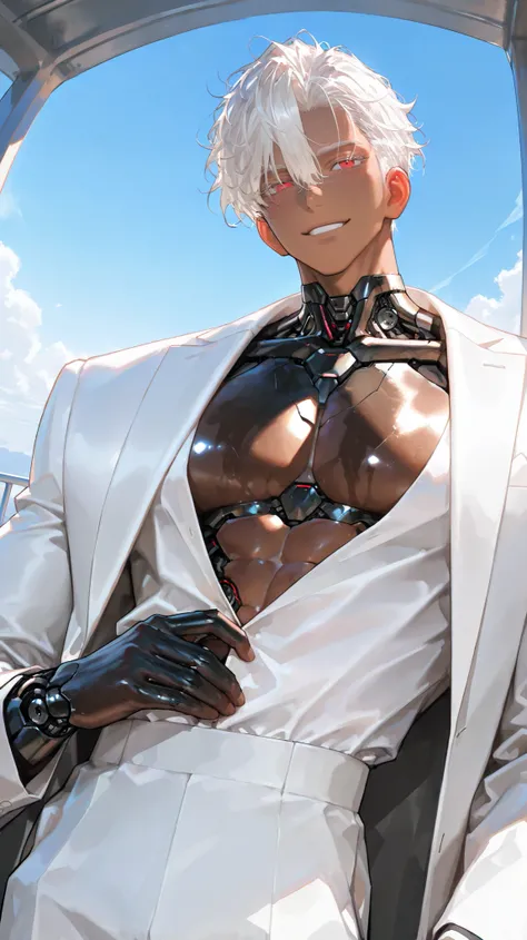 8k, 아름다운 Perfect Eyes, semi-realism art, masterpiece, Exquisite Details, very detailed, (brown skin, brown skin, 40 year old male , handsome, smiles, Messy Hair,hair between eyes, white blond hair,shaved nape hair,short hair,1 man, handsome man, Thick pai...