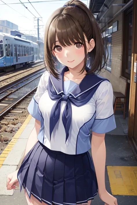 Highest Quality、HD Images、masterpiece、Detailed Background、(very detailed face:1.3)、(detailed eyes:1.Age beauty、perfect body line、is anatomically accurate、Light-colored hair 、braided bob hair、ponytail、station platform waiting for streetcars、short sleeve white sailor suit、Navy Blue Mini Pleated Skirt、 navy blue neckerchief、very short miniskirt、Bare thighs、、big smile、

(station platform waiting for streetcarsで電車を待つ美少女:1.5)、、( Beautiful Girl Waiting for the Train :1.3)、cute,
,、


,((( masterpiece,  Highest Quality,  high resolution, 超 high resolution,  pixel perfect ,  description boundary, 4K, RTTX10.0))),
、Anegasaki Nene, shiny brown hair, beautiful brown eyes, smiling face, sparkling pupils, (fine grain), , highly detailed face,, (masterpiece:1.2, best quality), ((only1 girl)), ((cowboyshot：1.5))