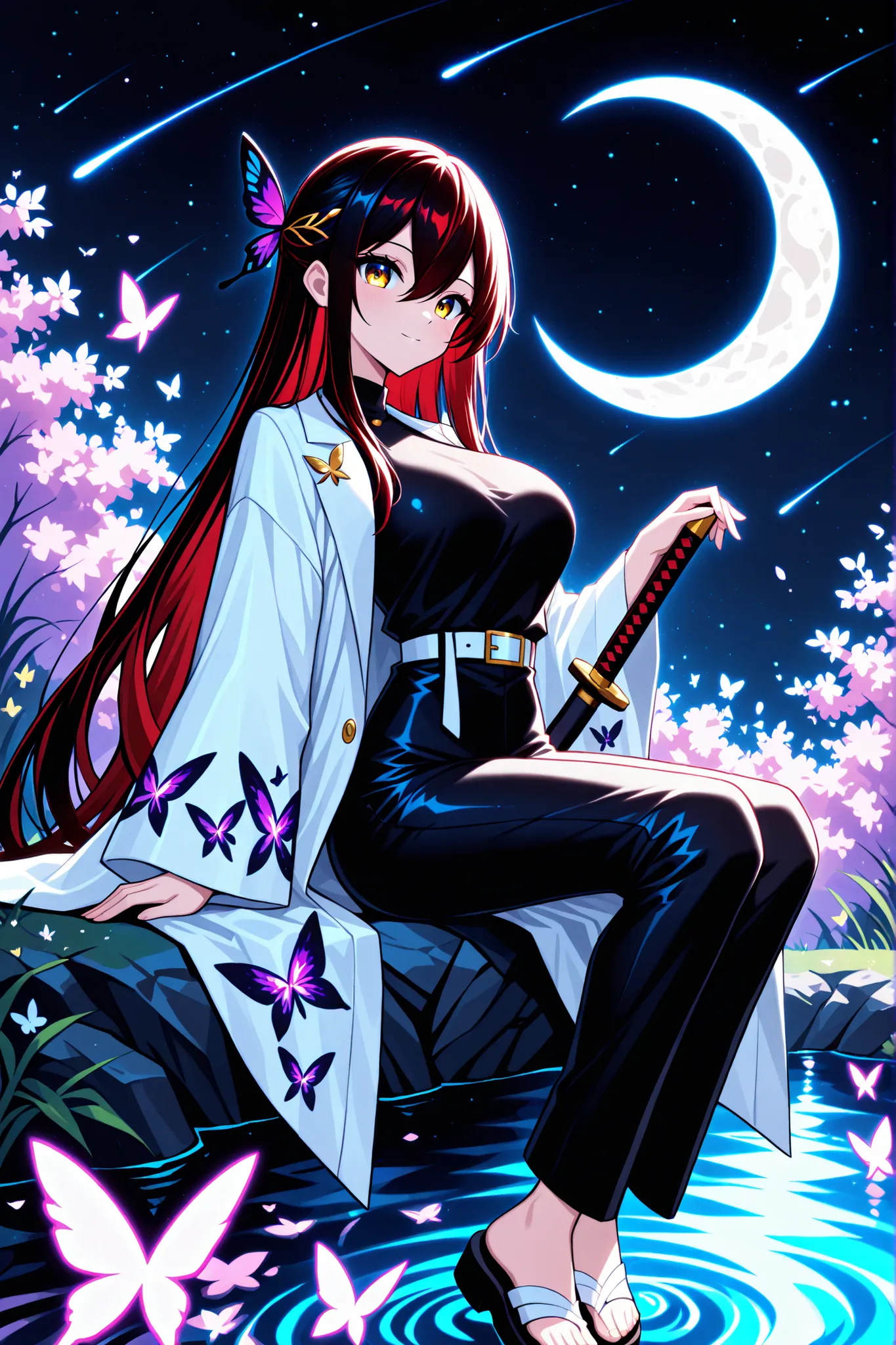 1 girl , golden eyes , very long hair , long sidelocks, red hair ,half updo, petite , very cute , beautiful ,Straight hair, cool, handsome, hair between eyes, sexy, female, mediumlarge breasts, lovely, kawaii, sitting in pond with purple water, holding ka...