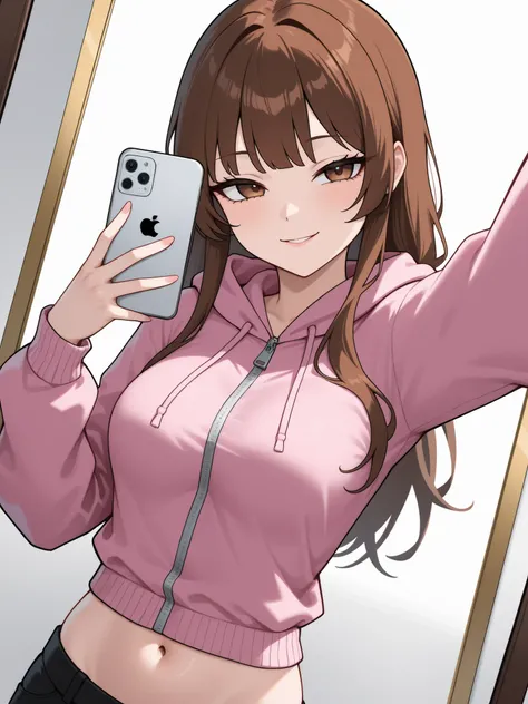1 menina, brown hair, long hair, brown eyes sweater, Sozinho, in front of the mirror,selfie,hip angle, upper body, navel, pink hooded shirt with zipper closed, medium breasts, barriga, seductive smile, Sensual, iPhone rosa