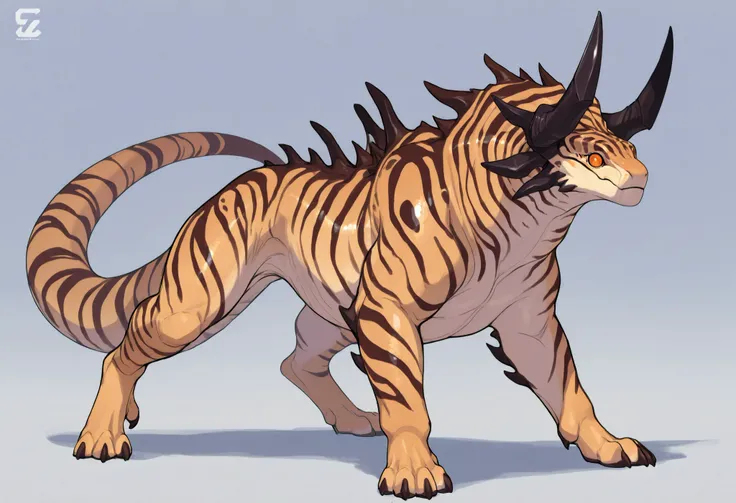 score_9, score_8_up, score_7_up, score_6_up, masterpiece, best quality, amazing quality, very aesthetic, absurdres, newest, solo, alien reptile, feral, additional eyes, xenomoprhic body, alien shape, exotic stripes, short, horns, mouth closed, rich colors