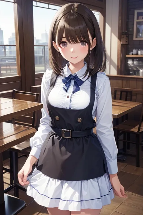  3D character , full body, The protagonist is a perfect girl, Bundle of black hair, dark eyes. The real world, a beautiful woman in a cafe uniform, a pretty white shirt and apron,  Long Hair with a Ponytail , standing in front of the store with a kind smile. Background, wooden tables and tableware lined up、A cafe with a relaxed atmosphere, hyperreality 8k, 超high resolution, realistic depiction,
、,
,、


,((( masterpiece,  Highest Quality,  high resolution, 超 high resolution,  pixel perfect ,  description boundary, 4K, RTTX10.0))),
、Anegasaki Nene, shiny brown hair, beautiful brown eyes, smiling face, sparkling pupils, (fine grain), , highly detailed face,, (masterpiece:1.2, best quality), ((only1 girl)), ((cowboyshot：1.5))
