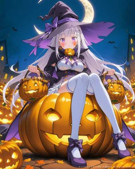 Re:Emilia, Demonic expression, a large jack-o'-lantern wearing a witch costume in shades of purple and white, jagged details, large bow accessory, white thigh-high socks, purple shoes, Oyuncu poz, Candies , looking at the viewer, Blush on cheeks, smooth yo...