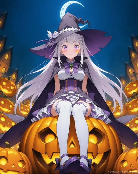 Re:Emilia, Demonic expression, purple and white , jagged details, large bow accessory, white thigh-high socks, purple shoes, Oyuncu poz, Candies , looking at the viewer, Extending her right foot to the viewer, Blush on cheeks,  Halloween themed environment...