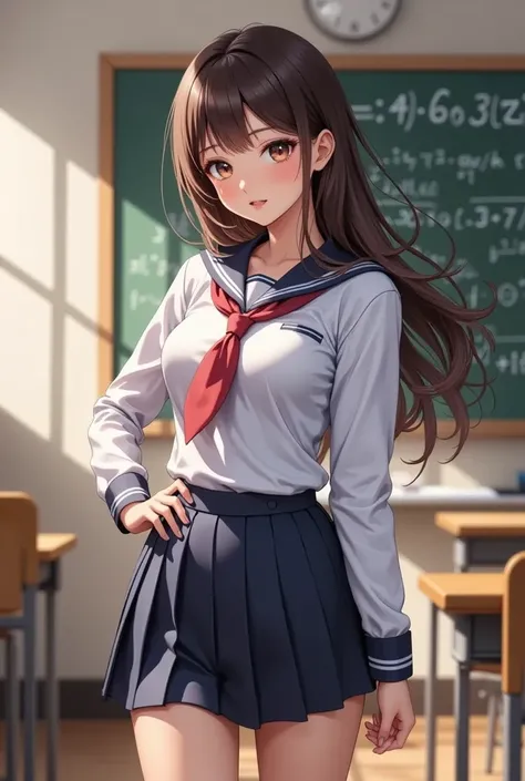  (masterpiece,  computer, mejor quality,  Clear focus, shadow, anime style, Ultra high resolution, 8K, perfect anatomy, rostro perfecto, (detailed face), (  Detailed eye  ), score_9, score_8_up, score_7_up, score_6_up, score_5_up, score_4_up,  source _Animated, Label 1, Label2, quality_masterpiece, anatomically correct, beautiful face, rostro perfecto, Beautiful and highly detailed face and eyes, Attractive face, detailed face, Delicate facial features, detailed leather, pechos enormes, breast size cup D or DD, caderas anchas, gigantic butt texture, thick thighs. Anime-style illustration with a sensual and attractive appearance, in school uniform. It has a kawaii aesthetic,  with soft facial features , big eyes and flushed cheeks. She wears a white and navy blue sailor's uniform,  skirt with a red tie. Her long brown hair is loose and falls down her shoulders. The environment is a classroom, with a green slate in the background with mathematical equations written on it. It is located at a slightly lateral angle, looking at the viewer with a soft and confident expression.