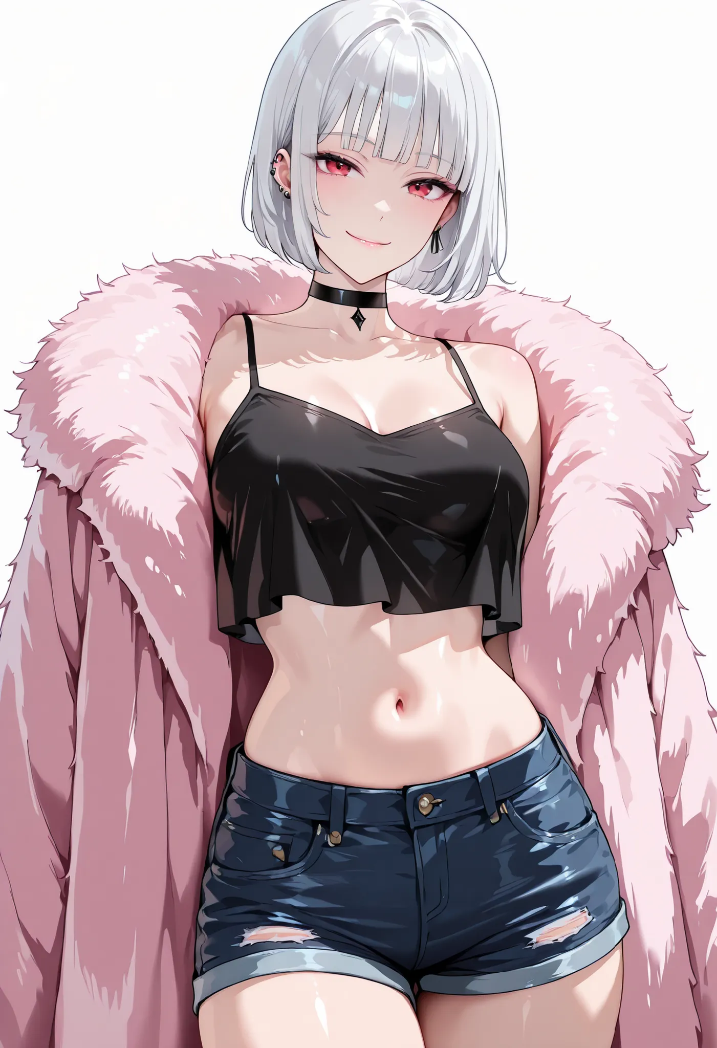 high res image, Beautiful girl with slim body, (masterpiece, detailed:1.2), (1girl:1.5), goth girl, (white hair, bob cut, blunt bangs), (earrings, ear piercings), (dynamic poses), looking at viewer, (enjoyed, light smile), (red eyes, detailed eyes), Beauti...