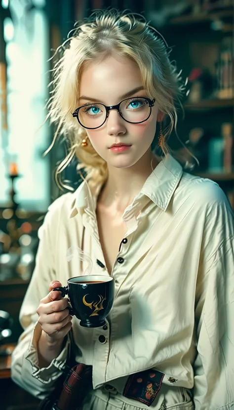score_9, score_8_up, score_7_up, source_anime, (masterpiece),(best quality), Luna Lovegood [Harry Potter]), blonde hair, blue eyes, glasses, flat chest, early in the morning, a girl is leaning on the windowsill and drinking coffee, wearing only a white loo...