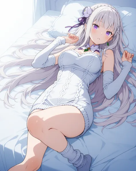 Re:Emilia, Demonic expression, Büyük pencerelere ve soft lightingya sahip {x}  image, depicts a figure lying gracefully on the bed,  A knitted white sweater dress is decorated with elegant ice patterns surrounded by an elegant interior setting.  shows a so...