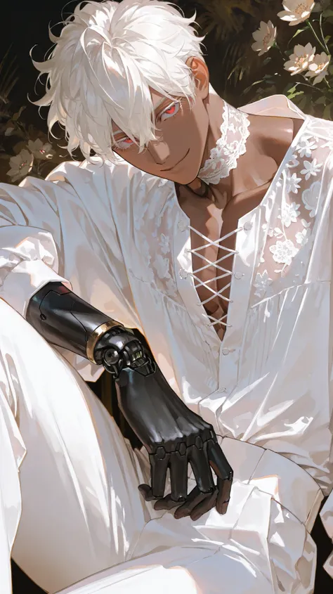 8k, 아름다운 Perfect Eyes, semi-realism art, masterpiece, Exquisite Details, very detailed, (brown skin, brown skin, 40 year old male , handsome, smiles, Messy Hair,hair between eyes, white blond hair,shaved nape hair,short hair,1 man, handsome man, Thick pai...