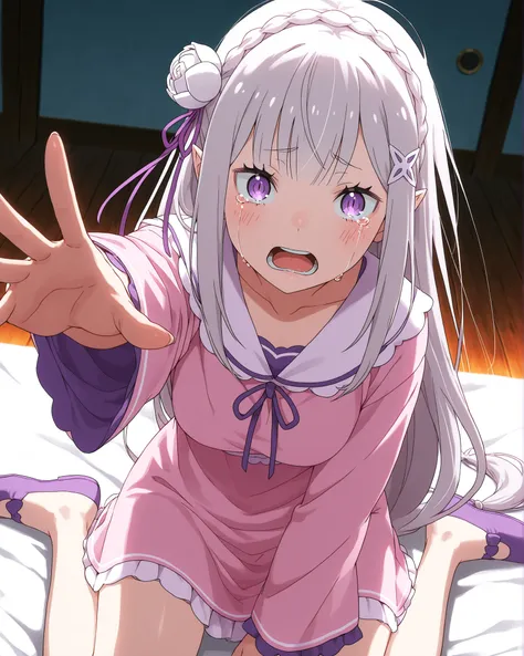 re:Zero, emilia , 1girl, chinese _KAFU, Propeller haired,  sevimli , innocent, long hair, hair ornament,  atlet , pijama, pantolon,  uykulu , eyes half closed, reaching out to the audience, tears, oturan, wariza (clothed, ultra kawaii ),  HDR ,  low contra...