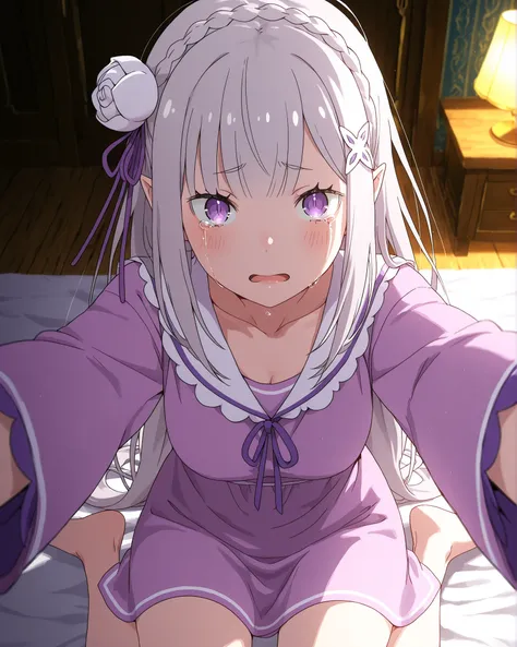 re:Zero, emilia , 1girl, chinese _KAFU, Propeller haired,  sevimli , innocent, long hair, hair ornament,  atlet , pijama, pantolon,  uykulu , eyes half closed, reaching out to the audience, tears, oturan, wariza (clothed, ultra kawaii ),  HDR ,  low contra...