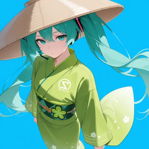 logo musical album by Hatsune Miku with lime green kimono, with well-worn rice hat, With an expressionless look, different side perspective, blue background