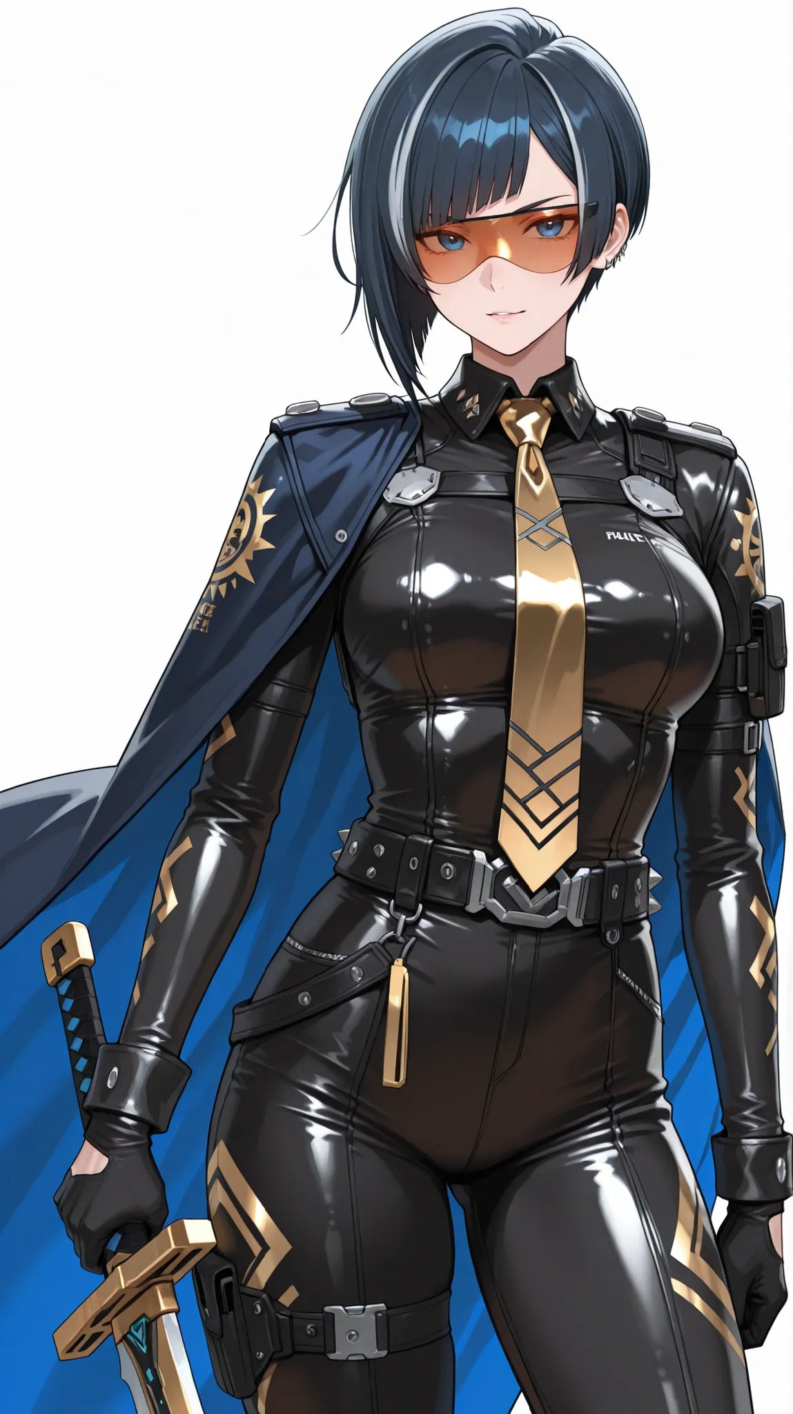 A woman with short, straight hair with shades of blue, punk style haircut,with intense blue eyes , dressed in a tight black and white futuristic uniform, with gold tie and long dark blue cape inside. She is adjusting her cover with a confident expression, ...